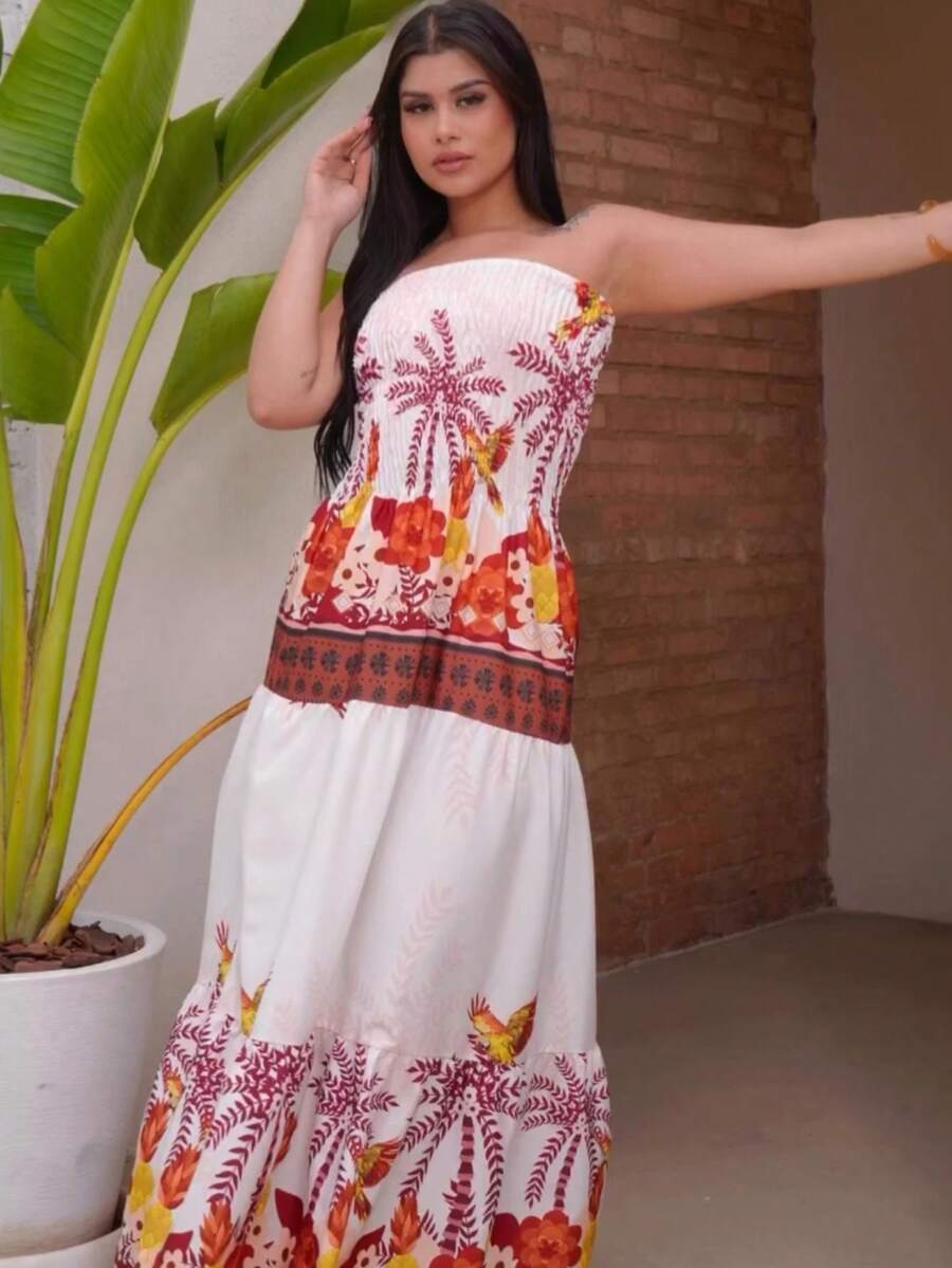 Look Of Millions!!! Long Strapless Dress With Floral Print - 西瓜粉 - 查看 1