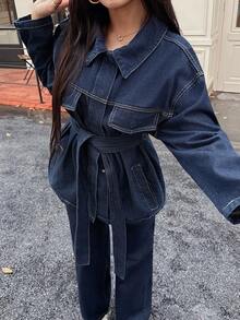 DEEKA 春秋新款女装时尚休闲复古收腰翻领牛仔夹克 - 藍色 - 查看 2