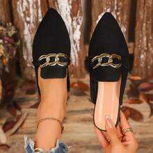 A Pair Of Casual And Comfortable Women's Half-Mule Flats With Metal Chain. Perfect For Everyday Wear Or Just Hanging Out At Home.