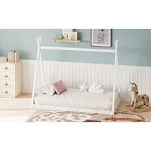 TWINSIZE CHILDREN'S WOODEN TENT BED, MONTESSORI-STYLE LOW-FLOOR BED, HOUSE-SHAPED TENT BED FRAME, SUITABLE FOR BOYS, GIRLS, AND TEENS, NO SLATS, NATURAL COLOR