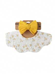 Baby Nylon Bow Knitted Headband, Floral Crinkle Fabric 360° Fake Collar, Cloud Drool Bib, Cute Infant Feeding Bibs Set - Multicolor - View 24