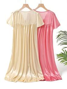 Women's Luxurious 2-Pack V-Neck Satin Nightdress Set: Boasting Floral Embroidery, Bow Detail, Short Sleeves, Silky Satin Fabric, And Elegant Shades-Ideal For Those Who Desire Both Style And Comfort In Their Nightwear For A Peaceful Sleep Experience - Champagne + Watermelon red - 查看 3