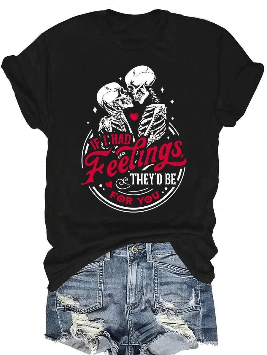 Camiseta "Si tuviera sentimientos, serían por ti" para mujer y unisex, de verano, casual, transpirable, con personalidad, cuello redondo, manga corta, ropa de calle, versátil, adecuada para adolescentes y adultos - Negro - Ver 1