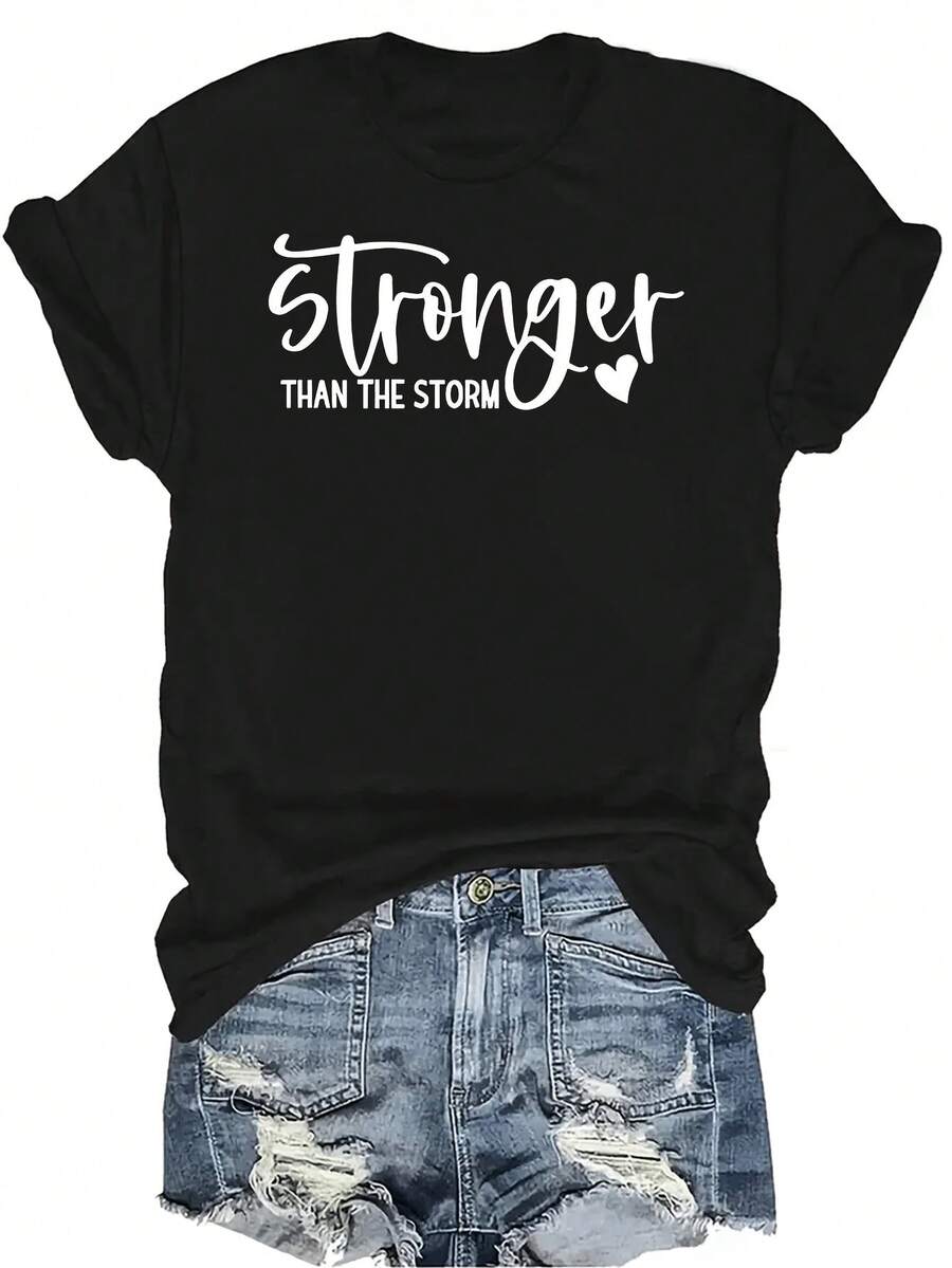 Camiseta "talla grande fuerte que la tormenta" para mujer y unisex, de verano, casual, transpirable, con personalidad, cuello redondo, manga corta, ropa de calle, versátil, adecuada para adolescentes y adultos - Negro - Ver 1