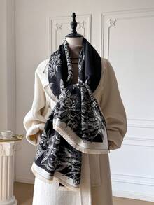 1条优雅花卉提花围巾，温暖的波西米亚风格披肩毯，适合空调房使用，秋冬季时尚配饰。 - 黑色 - 查看 2