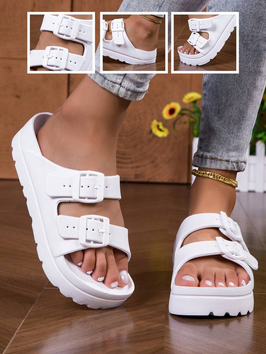 女士家居拖鞋、室内拖鞋、水鞋、浴室拖鞋、卧室拖鞋、平底拖鞋、轻便情侣厚底拖鞋 - 白色 - 查看 1