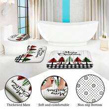 1 pieza/4 piezas Juego de cortina de ducha multifuncional con árbol de Navidad feliz y renos, incluye 12 ganchos gratis, crea un ambiente festivo, alfombra de baño, alfombra en forma de U y alfombra redonda para el inodoro, adecuado para todas las escenas navideñas del baño