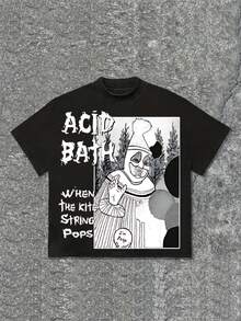 Men's "Acid Bath When The Kite String Pops" Graphic T-Shirt, Comfortable Casual Short Sleeve, Suitable For All Seasons, 220 Grams Heavyweight Cotton Printed T-Shirt - 黑色 - 查看 1