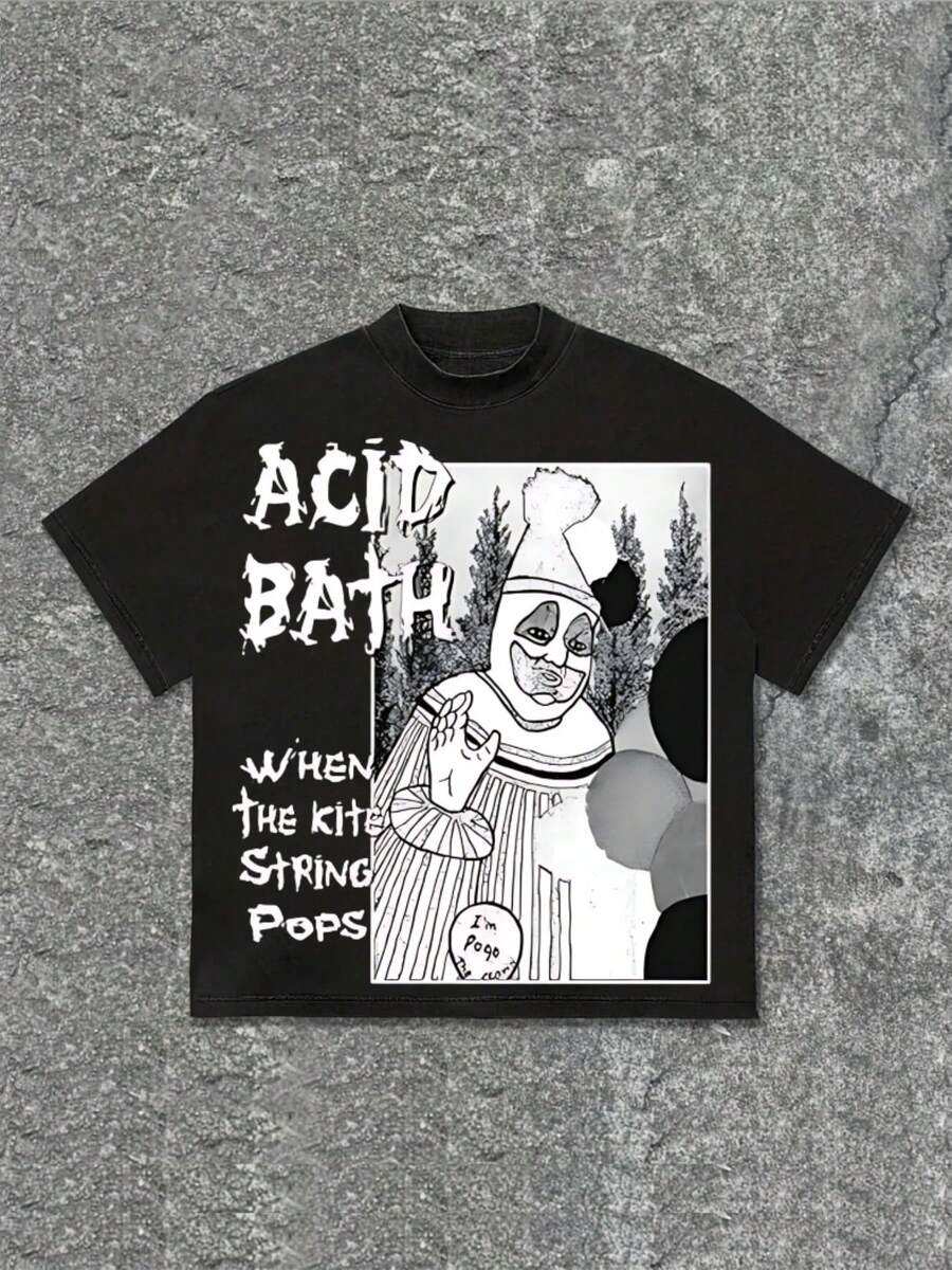Men's "Acid Bath When The Kite String Pops" Graphic T-Shirt, Comfortable Casual Short Sleeve, Suitable For All Seasons, 220 Grams Heavyweight Cotton Printed T-Shirt - 黑色 - 查看 1