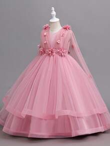 Young Girl Elegant Floral Flower Girl Wedding Dress Princess Tulle Maxi Dress, Suitable For Formal Occasions, Parties, Birthday - Bụi hồng - Xem 5