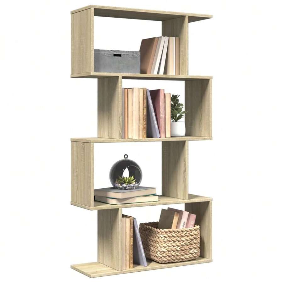 Estante divisor de ambientes de 4 niveles Larryhot en roble Sonoma, 70 x 24 x 129 cm, resistente y duradero, fácil de montar, estilo decorativo, adecuado para guardar adornos, figuras, libros, artículos pequeños, etc. - Marrón - Ver 1