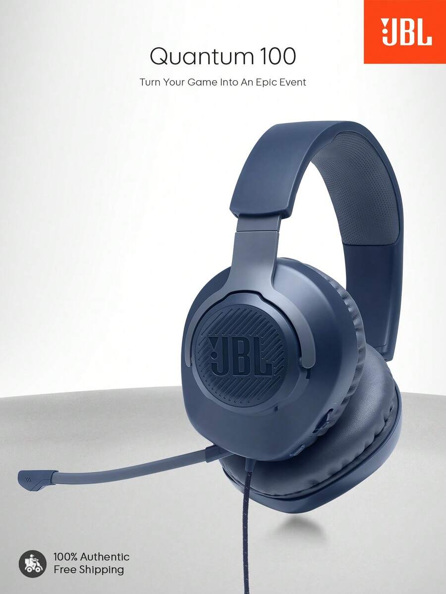 JBL Quantum 100 有线头戴式游戏耳机，拥有 Quantum SOUND 标志性音效、可拆卸麦克风、记忆海绵耳垫和轻巧设计，适用于 PC、笔记本电脑、Switch 和游戏主机。