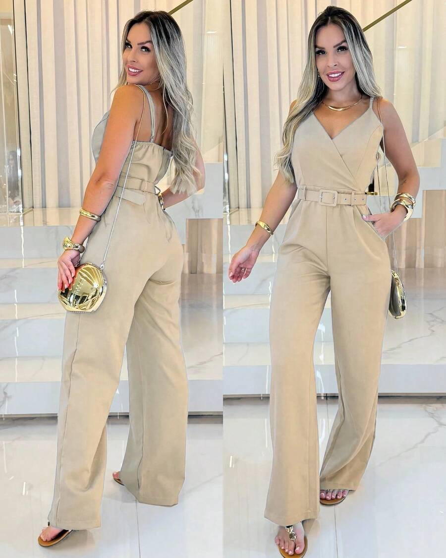 Women's Long Jumpsuit Tailored Pantaloons With Belt - 米色 - 查看 1