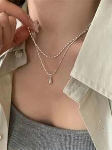 قلادة قلادة قطرة المياء ذات الطبقتين، تصميم بسيط، أنيق وأنيق للارتداء اليومي، قلادة خرزية للنساء