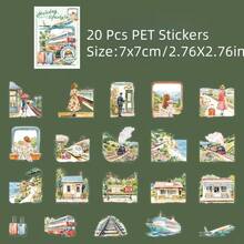 20 piezas Pegatinas de PET de la serie de estilo de vida festivo, pegatinas decorativas de PET, material básico creativo, pegatinas decorativas impermeables, ideales para manualidades de scrapbooking, suministros de diario, tabletas, teléfonos, fotos y artesanía, tarjetas (viaje, paseo por la ciudad, estancia en casa, campamento en el bosque, el mar, campos del campo)