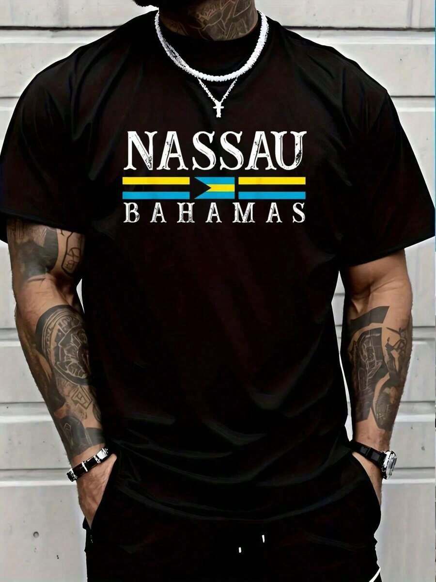 % Cotton Nassau Bahamas Flag Souvenir Travel Vacation Vintage T-Shirt Women's Men Graphic TeeNew Unisex T-Shirt - 黑色 - 查看 1