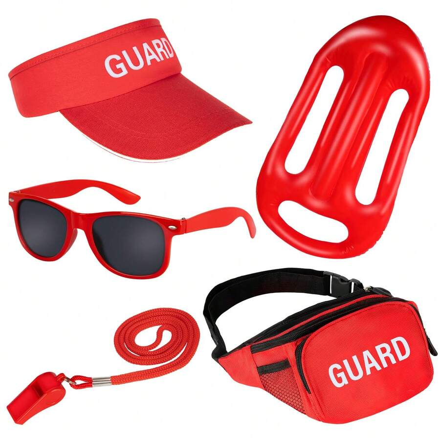 New Surfing Costume Set: Holiday Fun Lifeguard Cosplay, Including Peaked Cap, Red Sunglasses, Whistle, Surfboard, Bag For Beach Play & Vacation