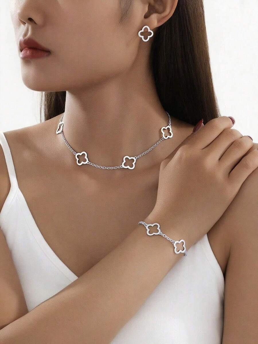 1 Set 925 Sterling Silver Fashionable Simple Leaf, Grass & Flower Necklace, Earring & Bracelet Set Valentines,Mom,Mother,Mother's Day,Gift - Silver - View 1