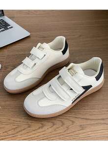 女士新款时尚休闲运动鞋，PU 拼接魔术贴运动鞋低帮系带平底跑步鞋 - 米色 - 查看 4