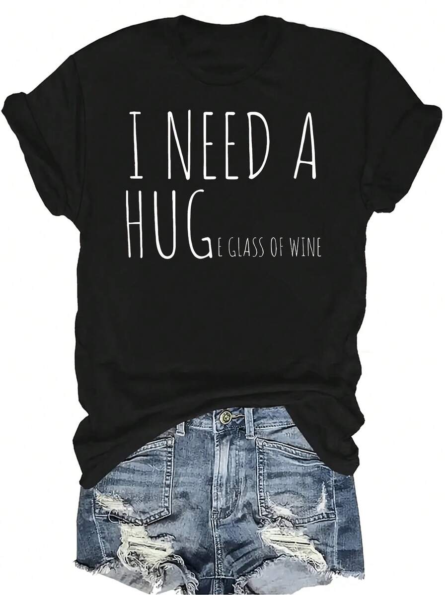 Camiseta "Necesito un abrazo" para mujer y unisex, de verano, casual, transpirable, con personalidad, cuello redondo, manga corta, ropa de calle, versátil, adecuada para adolescentes y adultos - Negro - Ver 1