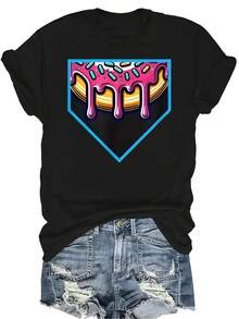 Camiseta de béisbol y softball de helado para mujer y unisex, de verano, casual, transpirable y con personalidad. Cuello redondo, manga corta, versátil y adecuada para adolescentes y adultos - Negro - Ver 1