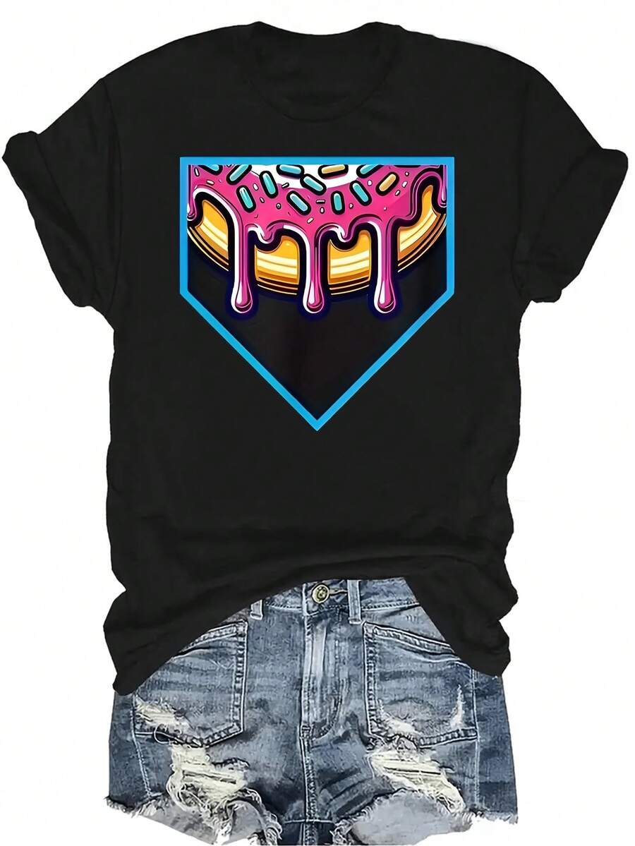 Camiseta de béisbol y softball de helado para mujer y unisex, de verano, casual, transpirable y con personalidad. Cuello redondo, manga corta, versátil y adecuada para adolescentes y adultos - Negro - Ver 1