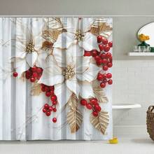 1PC Festive Christmas Morning Shower Curtain ,Red Berry And White Flower Pattern Shower Curtain- Polyester With Hooks, Easy-Care, Holiday Spirit Design Bathroom Decor
