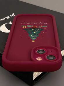 1pc Personalized Christmas Tree Slogan Pattern Burgundy Perforated Anti-Fall Anti-Fingerprint Full Coverage Phone Case, Compatible With IPhone 16 ProMax/16/16 Pro/16 Plus/15/15 ProMax/15 Pro/11/12/13/14 ProMax/11 Pro/11 ProMax/12 Pro/12 ProMax/13 Pro/13 ProMax/14 Pro/14 ProMax/16 ProMax/16/16 Pro/16 Plus, Minimalist Creative Soft Case - Multicolor - View 3