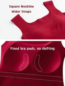 Women's Built-In Bra Tank Top Ribbed Slim Fit Wirefree Shelf Padded Tank Shirts Wide-Strap Square Neck Undershirt - Màu Đỏ Sâu - Xem 5