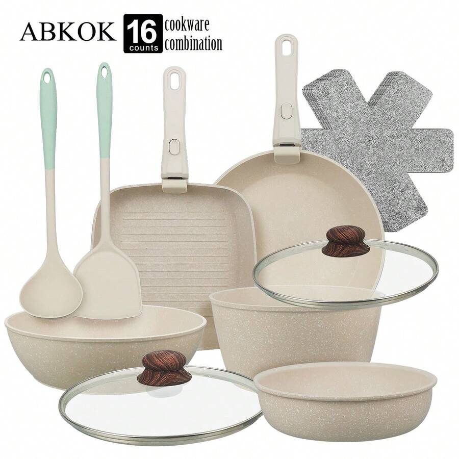 Ensemble de 16 pièces d'ustensiles de cuisine blancs avec poignées amovibles - Casserole et poêle antiadhésives, ustensiles en silicone, dessous de plat en feutre, équipement de cuisine complet