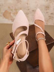 女士平底芭蕾平底鞋，粉色镂空双扣设计凉鞋，尖头芭蕾鞋，低帮女鞋，舒适浅粉色仿麂皮休闲鞋，防滑舞蹈鞋，春秋季 - 淺粉色 - 查看 2