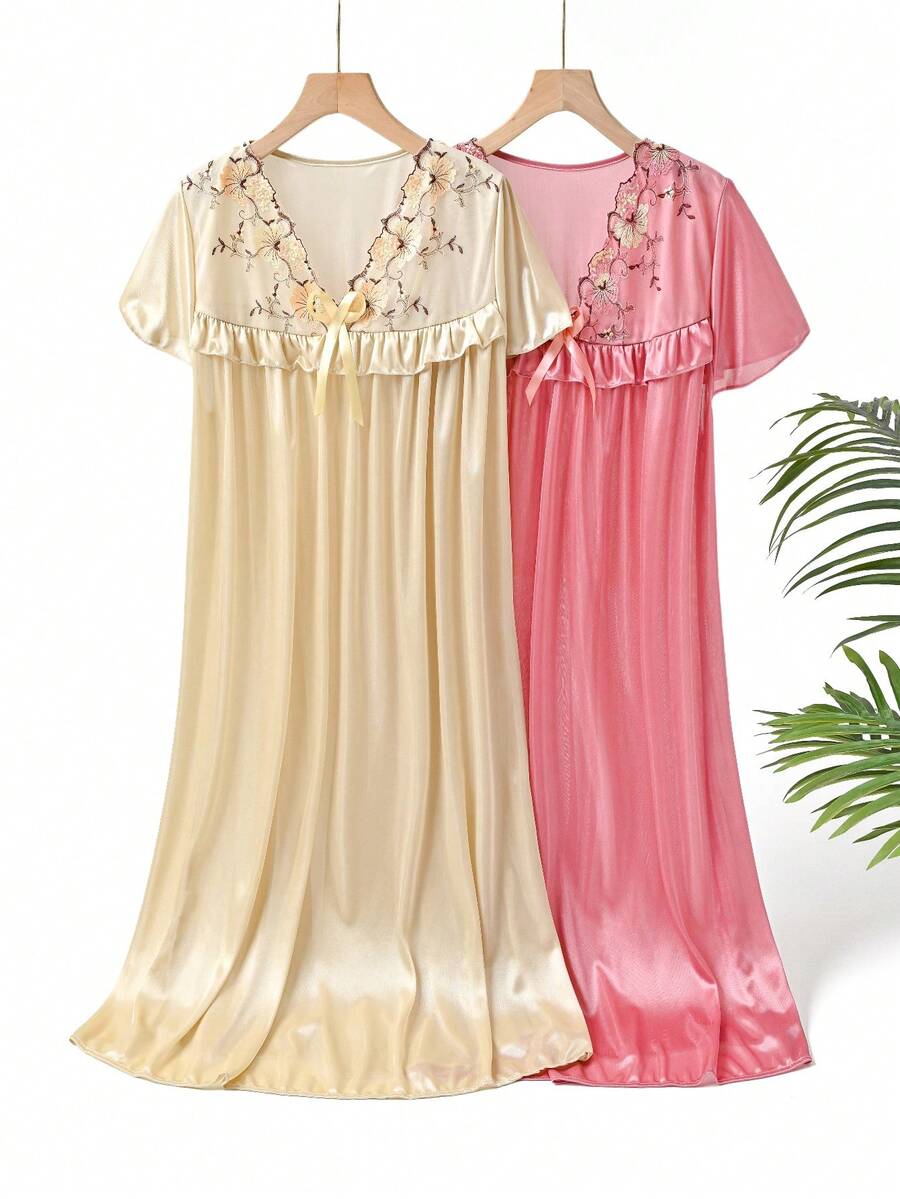 Women's Luxurious 2-Pack V-Neck Satin Nightdress Set: Boasting Floral Embroidery, Bow Detail, Short Sleeves, Silky Satin Fabric, And Elegant Shades-Ideal For Those Who Desire Both Style And Comfort In Their Nightwear For A Peaceful Sleep Experience - Champagne + Watermelon red - 查看 1