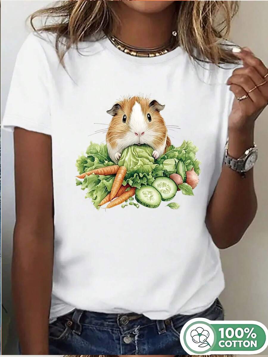 1PC 100% Cotton Cute Guinea Pig with Vegetables Print Women's Short Sleeve TShirt, Holiday Gift, Birthday Gift, Basic Tee - Blanco - Ver 1