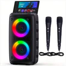 卡拉OK机，配备2个麦克风（1个无线，1个有线），成人便携式音箱，带LED灯的PA系统，支持MicroSD/USB、AUX输入和TWS真无线立体声，适合派对使用 - 黑色 - 查看 12