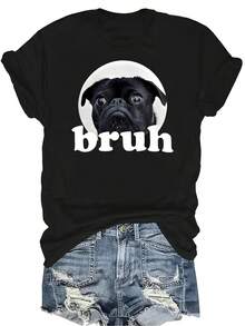 Camiseta de mujer con diseño de perro pug que dice "Bruh", de estilo casual y transpirable, de cuello redondo y manga corta, adecuada para adolescentes y adultos - Negro - Ver 1