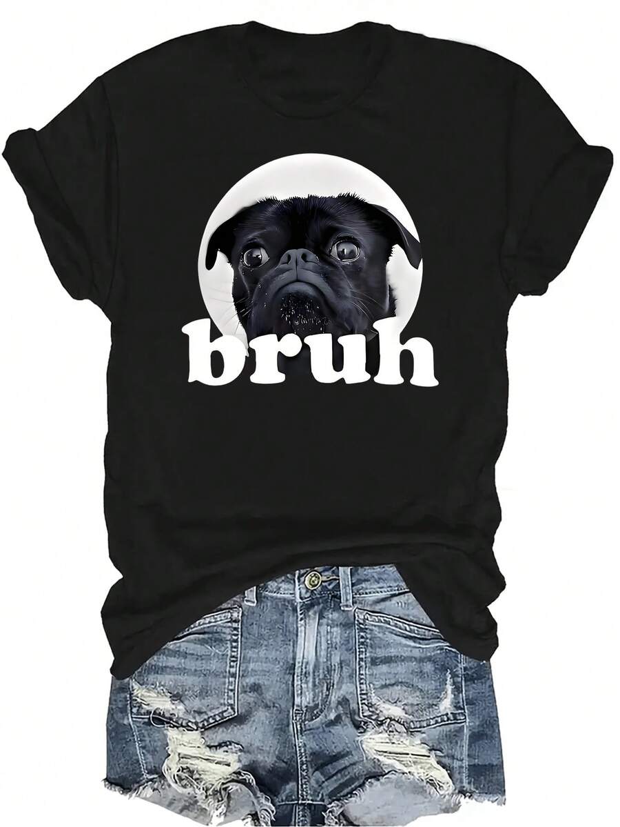 Camiseta de mujer con diseño de perro pug que dice "Bruh", de estilo casual y transpirable, de cuello redondo y manga corta, adecuada para adolescentes y adultos - Negro - Ver 1