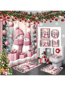 1pc/4pcs Christmas Theme, Pink Snowman Bathroom Set, Christmas Holiday Bathroom Decor, Bring Festive Atmosphere To Your Bathroom, Printed Shower Curtain With 12 Hooks, Bathroom Non-Slip Mat, U-Shaped Floor Mat And Round Toilet Lid Cover, Bathroom Set For All Scenarios