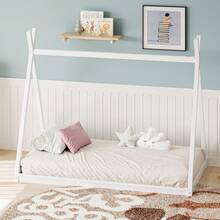 TWINSIZE CHILDREN'S WOODEN TENT BED, MONTESSORI-STYLE LOW-FLOOR BED, HOUSE-SHAPED TENT BED FRAME, SUITABLE FOR BOYS, GIRLS, AND TEENS, NO SLATS, NATURAL COLOR