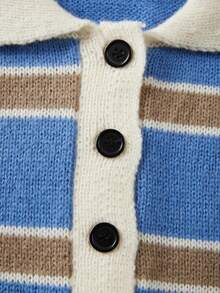 FOR BEAUTY 女士撞色条纹长袖针织 Polo 衫，时尚、温柔、简约、百搭、休闲风格，适合日常通勤、舒适，也是新年庆祝、情人节的理想之选。 - 藍色 - 查看 7