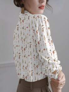 碎花长袖纽扣优雅衬衫 - 彩色 - 查看 3