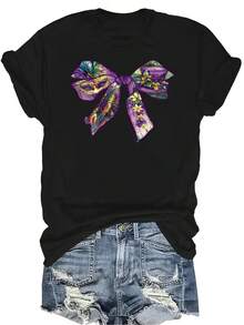 Camiseta de mujer con estampado de lazo, letra y dibujos animados, de cuello redondo, manga corta, transpirable, casual y versátil, adecuada para adolescentes y adultos - Negro - Ver 1