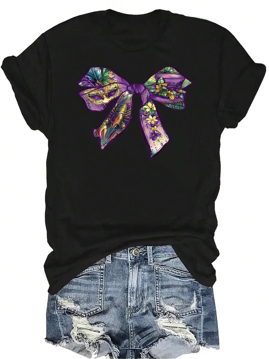 Camiseta de mujer con estampado de lazo, letra y dibujos animados, de cuello redondo, manga corta, transpirable, casual y versátil, adecuada para adolescentes y adultos - Negro - Ver 1