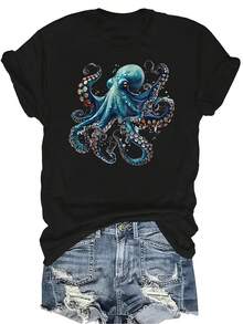 Camiseta de pulpo azul fresco para mujer y unisex, de verano, casual, transpirable, con personalidad, de cuello redondo, de manga corta, ropa de calle, versátil, adecuada para adolescentes y adultos - Negro - Ver 1