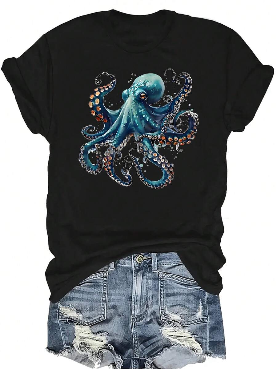 Camiseta de pulpo azul fresco para mujer y unisex, de verano, casual, transpirable, con personalidad, de cuello redondo, de manga corta, ropa de calle, versátil, adecuada para adolescentes y adultos - Negro - Ver 1