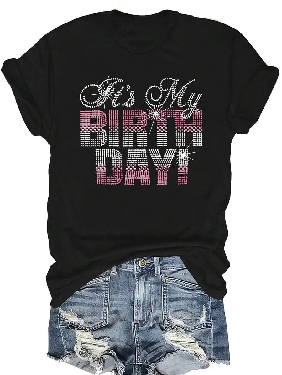 Es mi camiseta de cumpleaños Impresiones Mujeres Unisex Verano Casual Transpirable Personalidad Cuello Redondo Manga Corta camiseta Ropa de calle Versátil Top, Adecuado para adolescentes y adultos - Negro - Ver 1