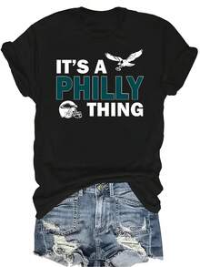 Camiseta de estilo Philadelphia para mujer y unisex, de verano, casual, transpirable, con personalidad, cuello redondo, manga corta, ropa de calle, versátil, adecuada para adolescentes y adultos - Negro - Ver 1