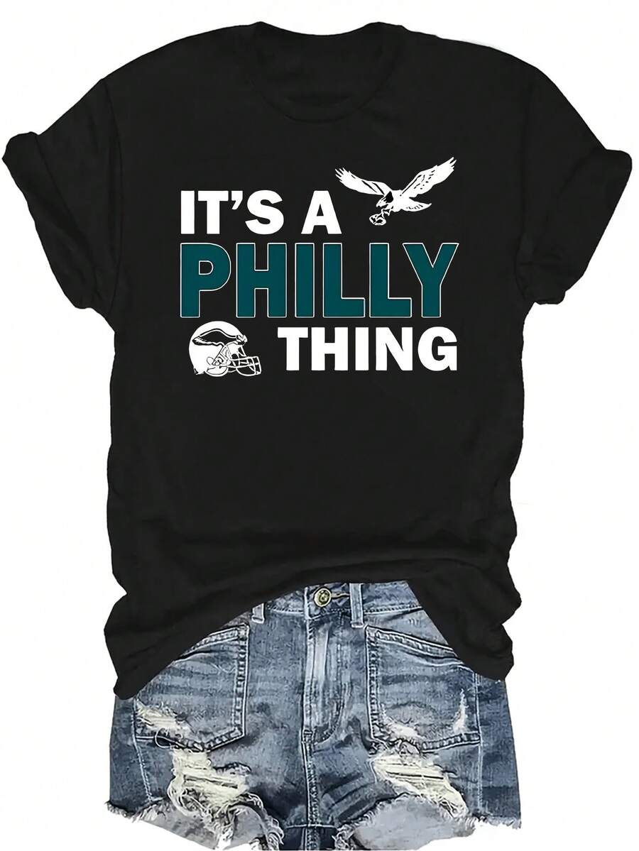 Camiseta de estilo Philadelphia para mujer y unisex, de verano, casual, transpirable, con personalidad, cuello redondo, manga corta, ropa de calle, versátil, adecuada para adolescentes y adultos - Negro - Ver 1