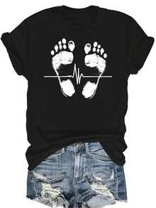 Camiseta de mujer y unisex de estilo elegante con diseño de línea de huellas y latidos del corazón, de verano, casual, transpirable, de cuello redondo, de manga corta, de uso versátil, adecuada para adolescentes y adultos - Negro - Ver 1