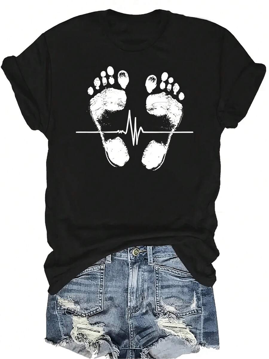 Camiseta de mujer y unisex de estilo elegante con diseño de línea de huellas y latidos del corazón, de verano, casual, transpirable, de cuello redondo, de manga corta, de uso versátil, adecuada para adolescentes y adultos - Negro - Ver 1