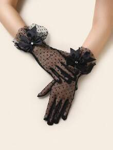 1 Pair Women's Elegant Short Gloves With Rhinestones, Mesh, Lace Trim And Bow Accent - White - View 8